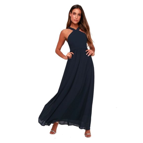 Lulus Dresses & Skirts - LULU'S Air of Romance Navy Blue Georgette Maxi Dress sz M Women's Wedding Guest